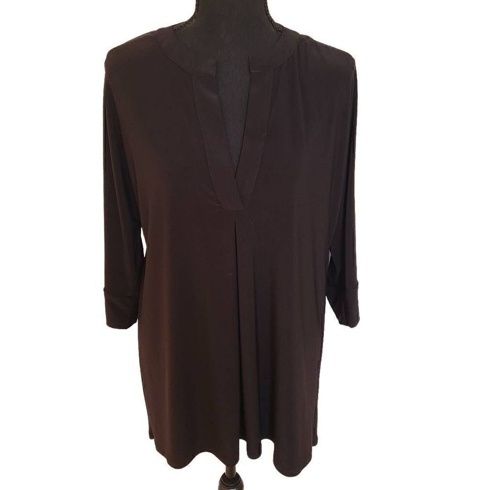 Last Tango Womens Black V Neck Chiffon Stretch Tunic Oversized Blouse